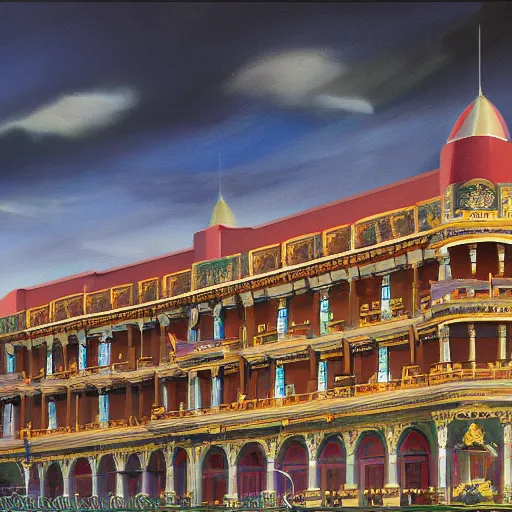 Prompt: a highly detailed painting of the patriarchal imperial casino academy, lecture halls and gambling dens, ultrawide lense, aerial photography, unreal engine, exquisite detail, 8 k, art by brandon sanderson and robert jordan
