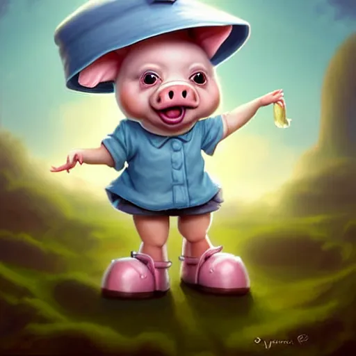 Image similar to cute little anthropomorphic funny female pig wearing shorts, a sunhat, boots and a pale blue shirt!! tiny!! fully clothed!!! small, short, cute and adorable, character art portrait, matte fantasy painting, deviantart artstation, by jason felix by steve argyle by tyler jacobson by peter mohrbacher, cinema