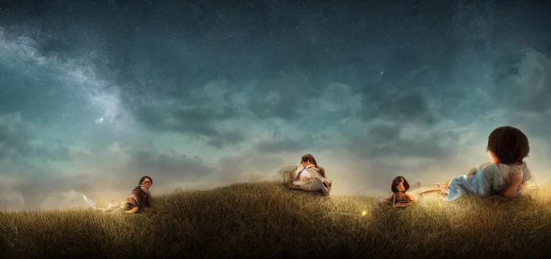 Image similar to star sky , night sky, cinematic,sky strewn with stars, little girls lying on the roof high detail, photorealism, sharp focus, star sharpness, different angles, 4k, UHDR