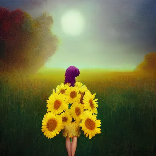 Image similar to giant daisy flower head, frontal, girl in a yellow suit, surreal photography, sunrise, dramatic light, impressionist painting, digital painting, artstation, simon stalenhag