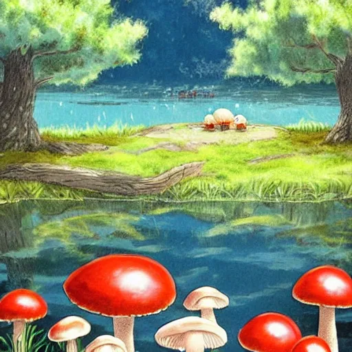 Image similar to a beautiful lake with cute little mushrooms growing around it, fantasy art, 2 d, sunshine, warm colors, relaxing, calm, cozy, peaceful, by studio ghibli