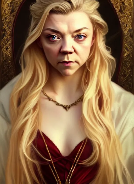 Prompt: portrait of natalie dormer with blonde hair and beautiful face as a vampire lord, jewelry, greek, ruby, intricate, headshot, highly detailed, digital painting, artstation, concept art, sharp focus, cinematic lighting, illustration, art by artgerm and greg rutkowski, alphonse mucha, cgsociety