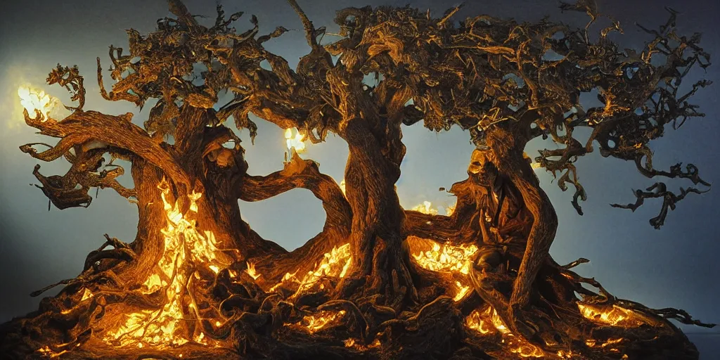 Prompt: tree of good and evil burning in agony Michael Whelan by Jeff Easley photorealistic by Edmonia Lewis, cinematic, coherent, realistic faces, clear, detailed, intricate, dramatic lighting, establishing shot, 8k resolution