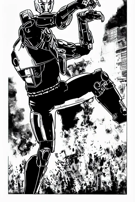 Image similar to ultron doing a high kick, a page from cyberpunk 2 0 2 0, style of paolo parente, style of mike jackson, adam smasher, johnny silverhand, 1 9 9 0 s comic book style, white background, ink drawing, black and white, colouring pages