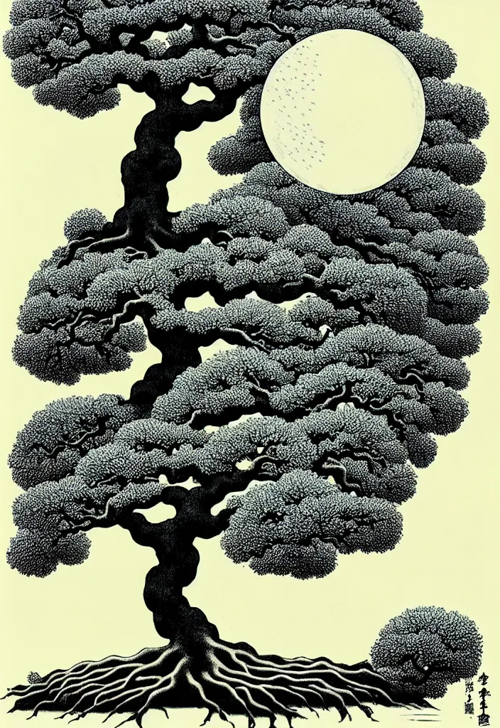 Prompt: prompt: magical white Bonsai tree roots merging into big moon drawn by Rene Magritte, Japanese woodblock print style, clean ink detailed line drawing, intricate detail, manga 1990