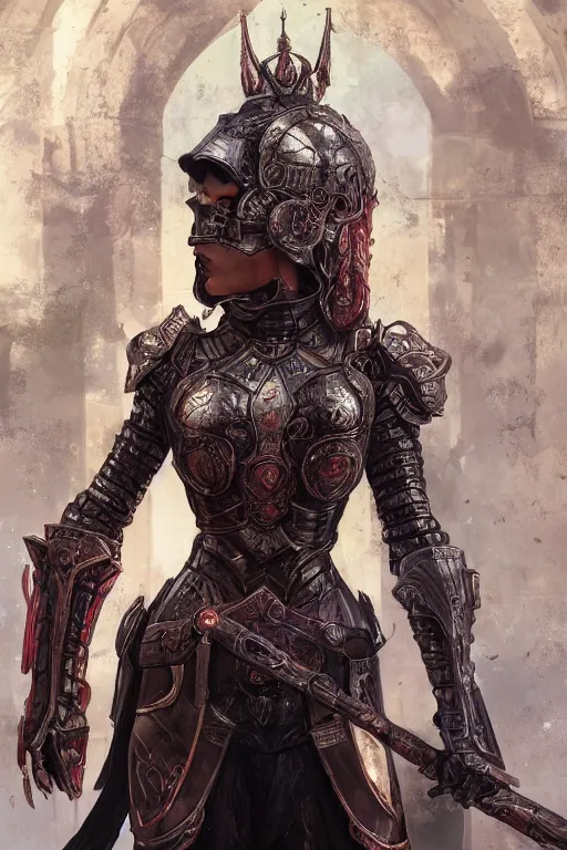 Prompt: portrait knights of Zodiac girl, metallic black and reddish reflected armor, in ruined Agora of Athens, ssci-fi, fantasy, intricate, very very beautiful, elegant, highly detailed, digital painting, artstation, concept art, smooth, sharp focus, illustration, art by WLOP and tian zi and alphonse mucha