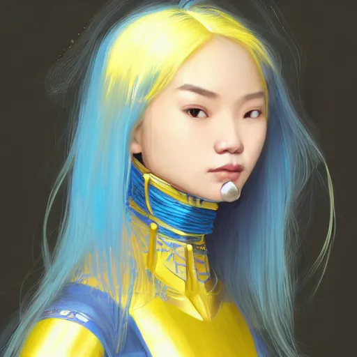 Image similar to filipino girl blue - yellow hair, metal plate, nasal strip, nose cast, intricate, elegant, highly detailed, my rendition, digital painting, artstation, concept art, smooth, sharp focus, illustration, art by artgerm and greg rutkowski and alphonse mucha and uang guangjian and gil elvgren and sachin teng, symmetry!!