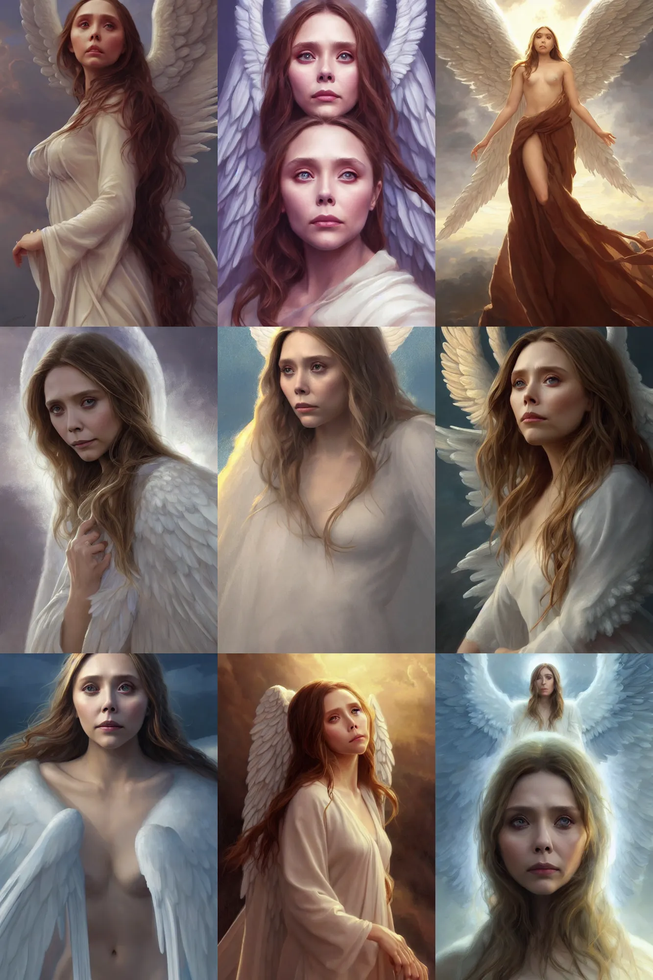 Prompt: elizabeth olsen as a heavenly angel, anatomy, highly detailed, digital painting, artstation, concept art, smooth, sharp focus, illustration, unreal engine 5, 8 k, art by art by artgerm and greg rutkowski and edgar maxence and gustave courbet