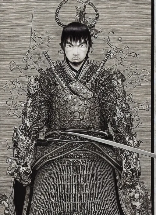 Prompt: very detailed portrait of samurai with a katana! by kentaro miura!, dark futuristic world, by jan van eyck, hajime sorayama, mysticism, intricate, highly ornate dark trim armoury, masterpiece, by gene wolfe, highly detailed, by gustave dore, black and white