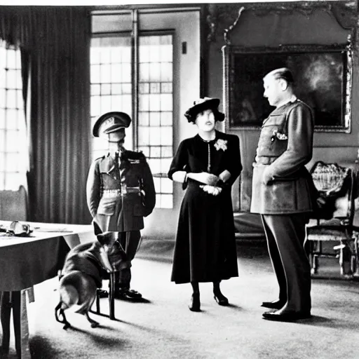 Image similar to 1 9 4 6 historical photo 1 3 5 mm of a single german general signing a peace treaty, a young queen elizabeth holds a corgi and watches the general sign the treaty, french village interior, highly detailed, sharp focus, symmetrical face