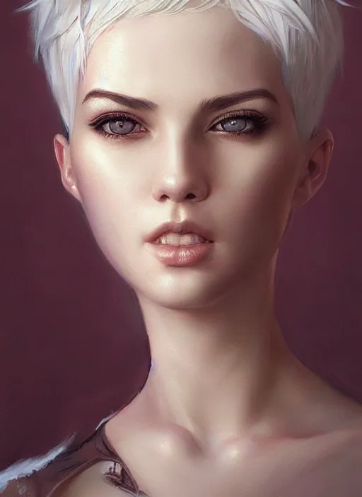 Image similar to girl with short white hair, beautiful highly detailed face, beautiful painting by artgerm and greg rutkowski and raymond swanland