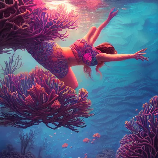 Prompt: coral underwater colorful, fantasy, intricate, highly detailed, digital painting, hd, trending on artstation, illustration, fine lines, sharp edges, colourful, attractive woman, swimming, style of stanley artgerm and greg rutkowski and dan mumford