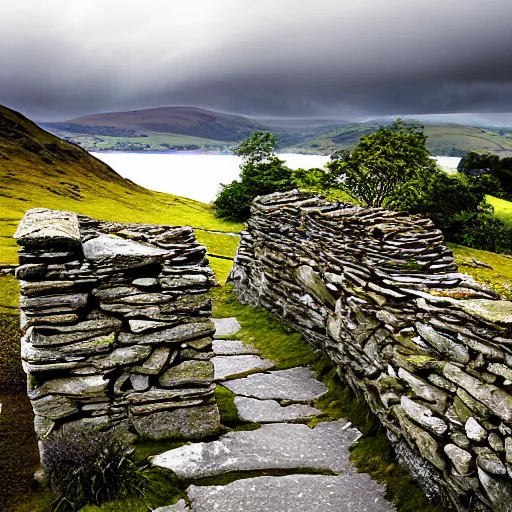 Prompt: ancient dry stone wall in the lake district in england by tyler edlin