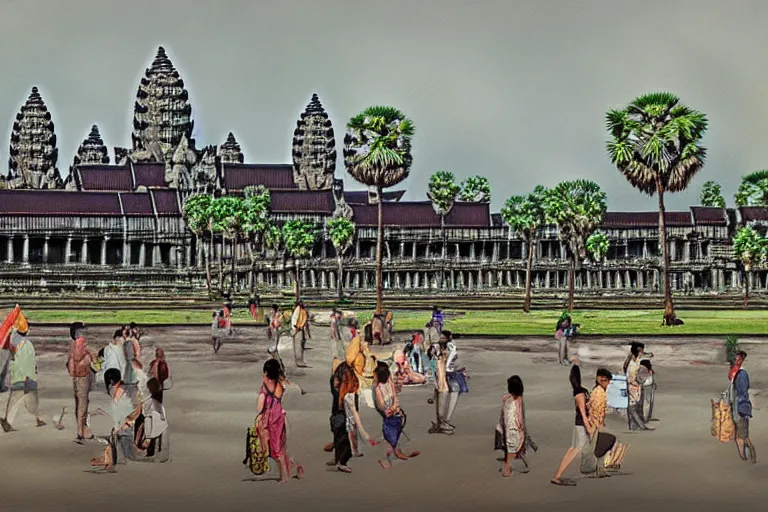 Image similar to angkor wat in the middle of a busy town, big crowd, many vehicles, many buildings, concept art, digital painting by shaddy safadi