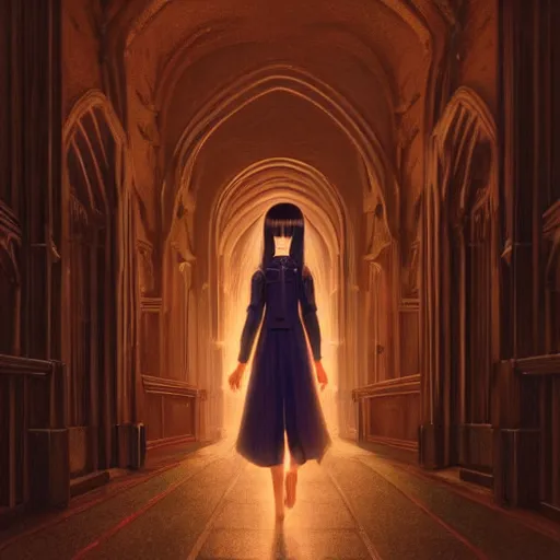 Prompt: angelic girl in intricate clothing walking a cathedralic hallway at night, very high detail, painting, digital anime art, medium shot, mid - shot, wlop, ilya kuvshinov, artgerm, krenz cushart, greg rutkowski, sana takeda