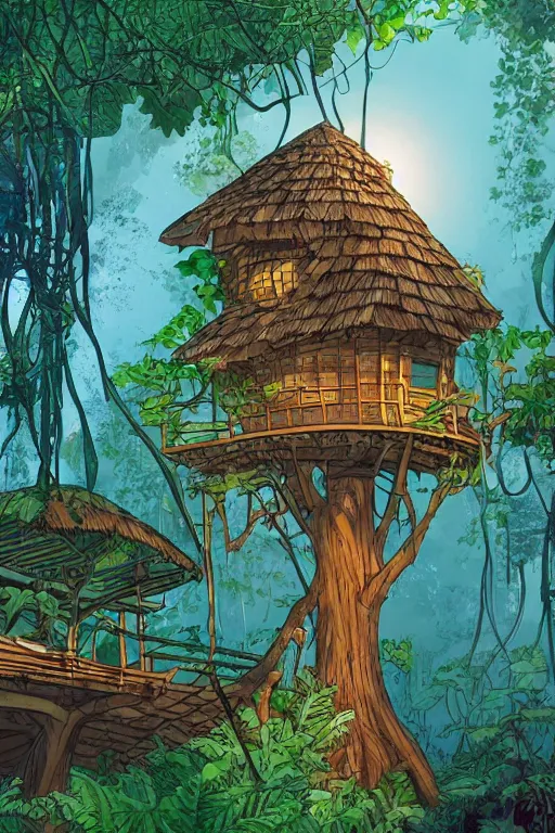 Prompt: a tree house in the jungle, sunshine, by alba ballesta gonzalez and moebius. 4 k wallpaper, digital flat 2 d, japan animation, comic book, illustration, cinematic lighting, smooth sharp focus.