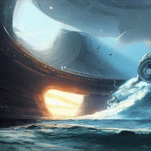 Image similar to An alien spaceship draining water from the ocean, by greg rutkowski