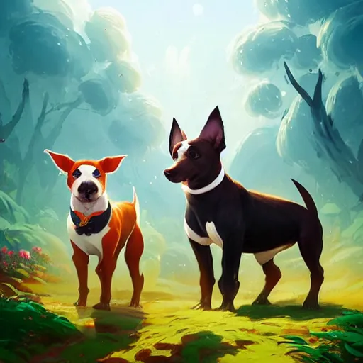 Prompt: two danish swedish farm dogs, one brown tan domino one black white markings, pointy ears, fanart ornate fantasy ori and the blind forest cover style official behance hd artstation by jesper ejsing, by rhads, makoto shinkai and lois van baarle, ilya kuvshinov, rossdraws pastel vibrant