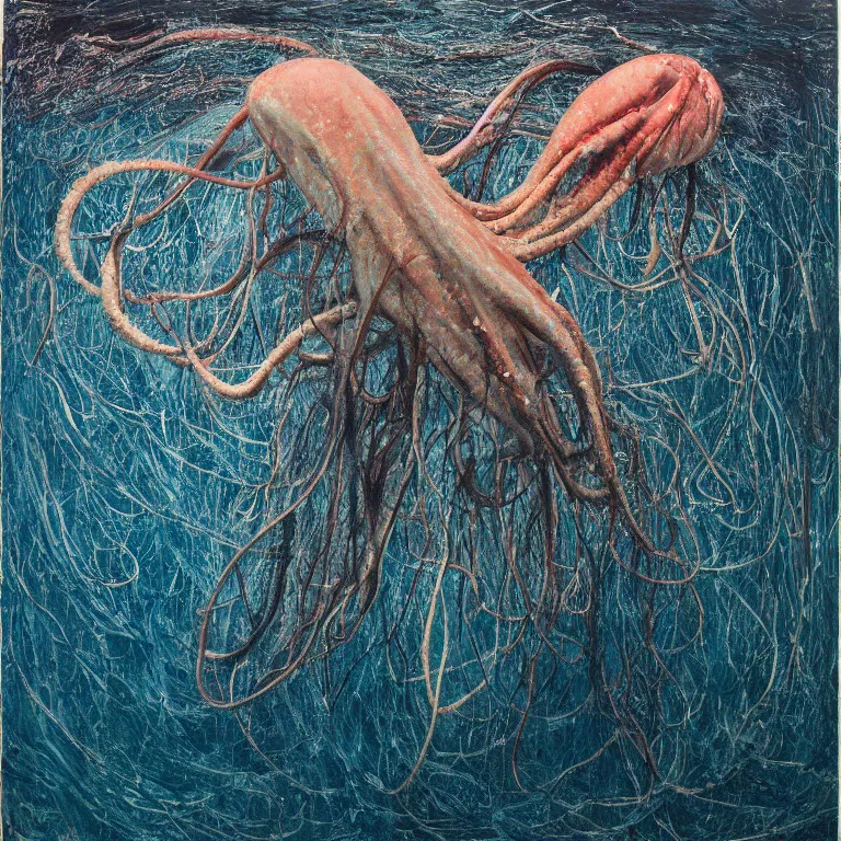 Prompt: Hyperrealistic intensely colored Studio wet collodion Photograph portrait of a deep sea Giant Squid deep underwater in darkness long exposure, award-winning nature deep sea expressionistic impasto heavy brushstrokes oil painting by Cy Twombly! and Tim Hawkinson and Anselm Kiefer vivid colors hyperrealism 8k