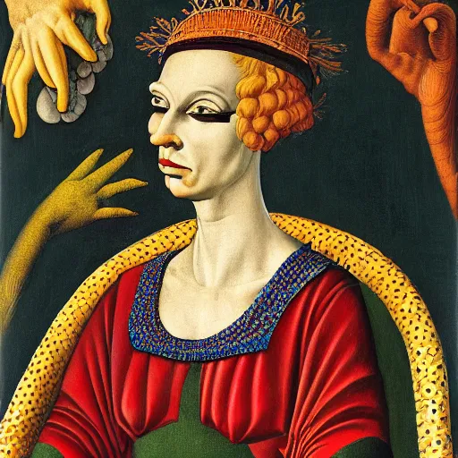 Prompt: portrait of an anthropomorphic velociraptor, dressed as an italian queen, sandro bottecelli, 1 5 0 0