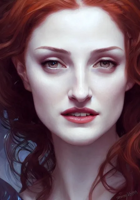 Prompt: sansa angeline jolie gessica chastain vampire teeth white skin, intricate, elegant, highly detailed, digital painting, artstation, concept art, smooth, sharp focus, illustration, art by artgerm and greg rutkowski and alphonse mucha and william - adolphe bouguereau