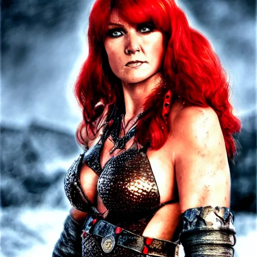 Image similar to hyper realistic photo of red sonja portrait, cinematic