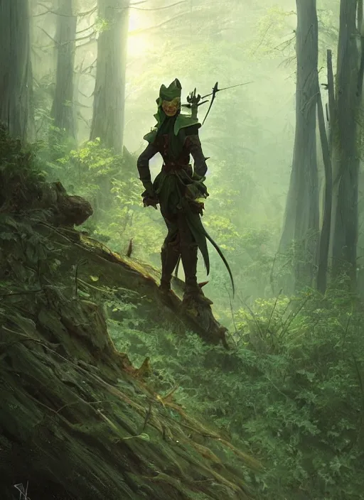 Image similar to elf soldier wearing dark green with a shield and sword on his back standing at a forest looking for adventure in the mountains, tall trees, landscape is lush, moody sunset in background, greg rutkowski, alphonse mucha, trending on artstation, artgerm, unreal engine, breathtaking, award winning, highly detailed