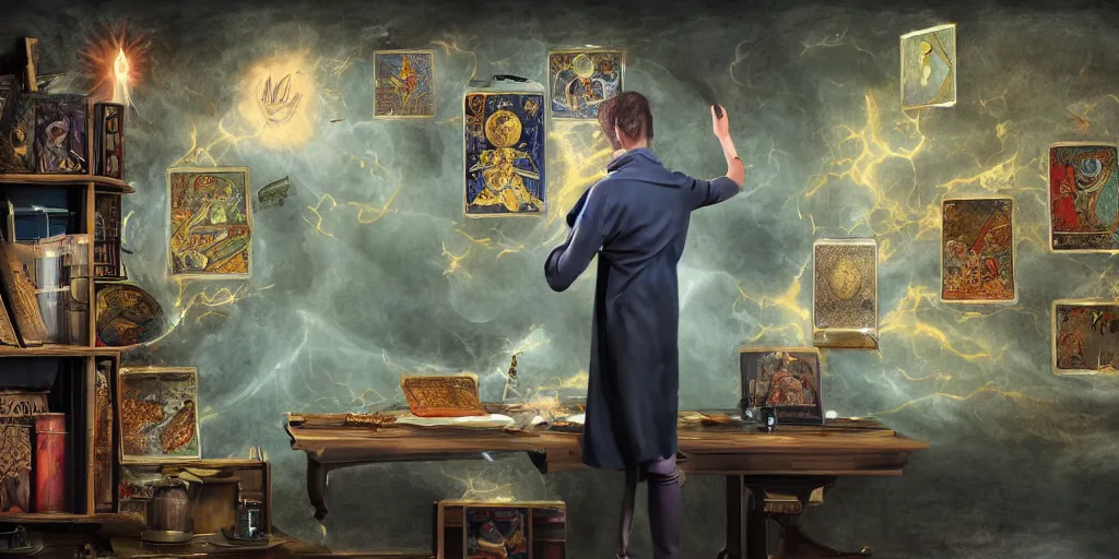 Image similar to back shot of male researcher examining the mysteries of tarot cards on a magical blackboard, fantasy art, matte painting, high quality, digital painting, artwork by terryl whitlatch