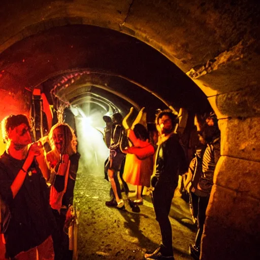 Image similar to underground party with smoke and laser system in paris catacombs, les catacombes, people dancing, dark, uv, techno, bones, underground party, photography canon