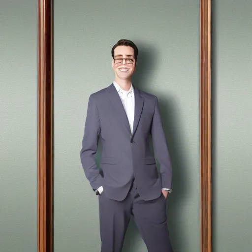 Image similar to photoshop template, man in suite without face standing before a green screen