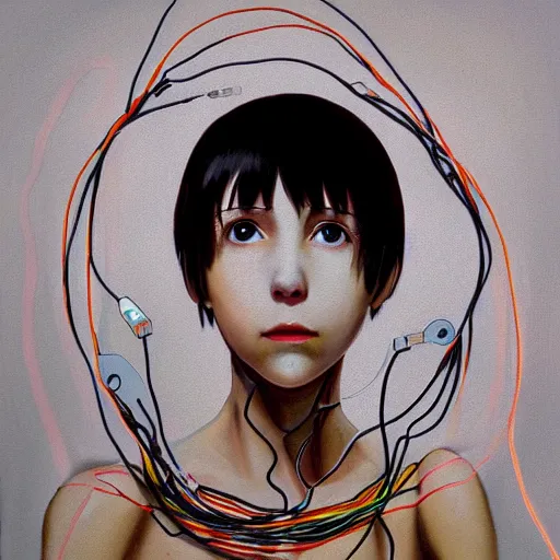 Image similar to pure evil lain with hundreds of wires coming out of her head, portrait, painting