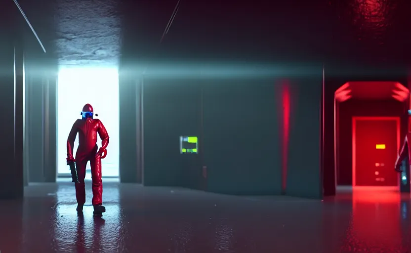 Image similar to in-game screenshot of a dark red hazmat scientist holding a gun walking on unreal engine 5, in a liminal underground garden, photorealistic, octane render, retrofuturism, brutalism, staggered terraces, minimalist