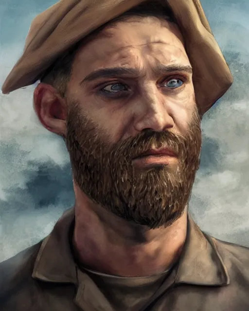 Image similar to portrait of muscular, tired and alcoholic 3 0 - year - old grieving man with short darkblonde hair, serious sad look in his eyes, looking down, dirty beard, blue eyes, crying tears, wearing dirty soldier uniform, on the desert, sad atmosphere, hyper realistic face, character art, art by artgerm, cryengine, trending on artstation, digital art
