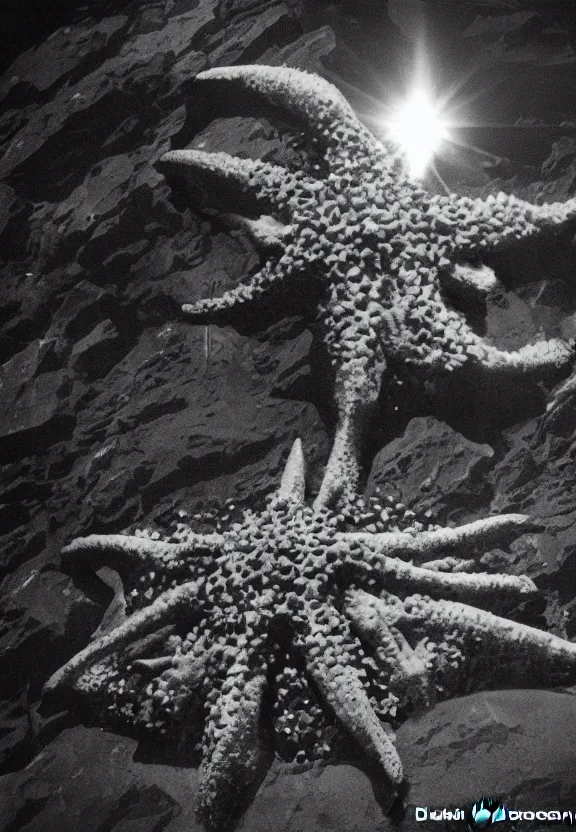 Image similar to North korean kaiju starfish/bull style monster, kaiju-eiga, thriller, monochrome, film grain, flare, backlit