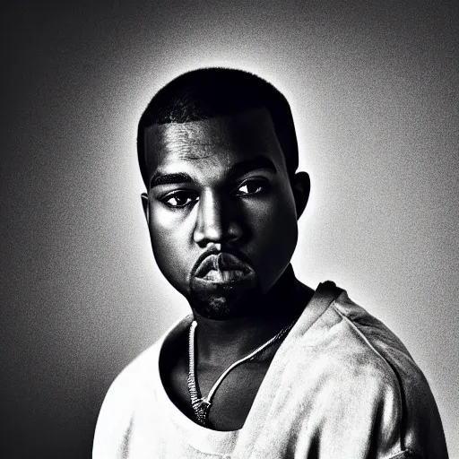 Prompt: the face of young kanye west wearing yeezy clothing at 2 0 years old, black and white portrait by julia cameron, chiaroscuro lighting, shallow depth of field, 8 0 mm, f 1. 8