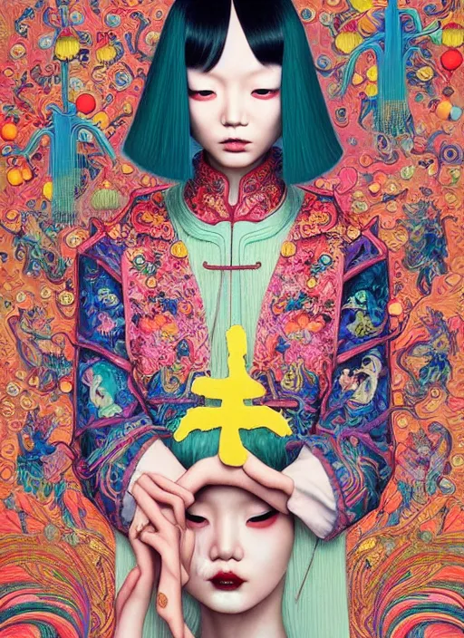 Image similar to pretty chinese model with hallucination mushroom : : by martine johanna and simon stalenhag and chie yoshii and casey weldon and wlop : : ornate, dynamic, particulate, rich colors, intricate, elegant, highly detailed, vogue, harper's bazaar art, fashion magazine, smooth, sharp focus,