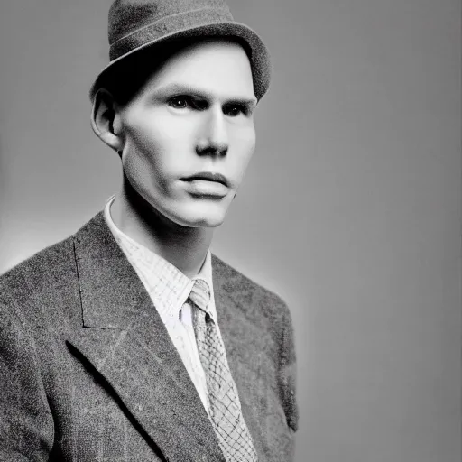 Image similar to A photograph portrait of Jerma985 wearing a suit with and fedora in the 1940s, taken in the early 1940s, grainy, taken on a 940s Kodak Camera, realistic, hyperrealistic, very realistic, highly detailed, very detailed, extremely detailed, detailed, digital art, trending on artstation