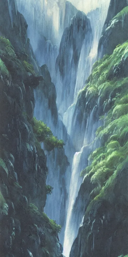 Image similar to an impressive waterfall on the side of a huge mountain, moody, mist, highly detailed, by vincent di fate nausicaa and ghibli