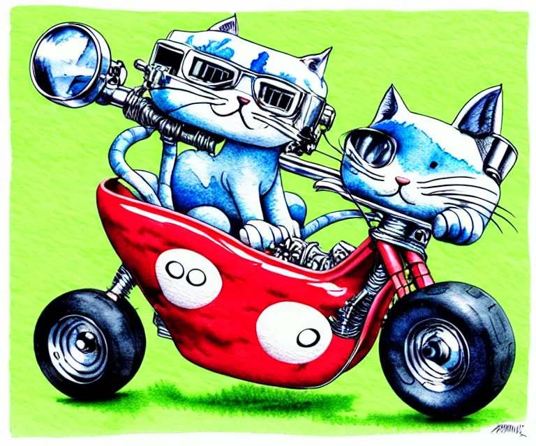 Image similar to cute and funny, kitten wearing a helmet riding in a tiny hot rod with oversized engine, ratfink style by ed roth, centered award winning watercolor pen illustration, isometric illustration by chihiro iwasaki, edited by range murata, tiny details by artgerm and watercolor girl, symmetrically isometrically centered