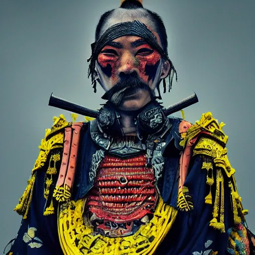 Prompt: ! dream portrait of old samurai, ready to fight, goth punk, vibrant yellow, colors, surreal, a french baroque by by alexander mcqueen, hyper detailed, very detailed, photograph, cinematic lighting, photorealistic, octane render, red backdrop
