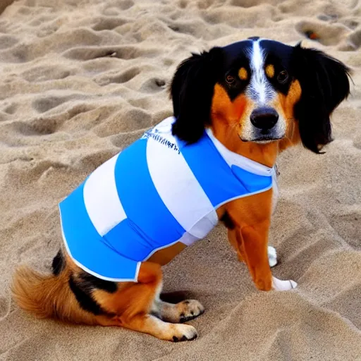 Image similar to dog wearing a bikini at the beach, very cool