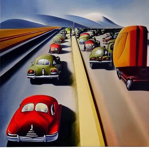 Image similar to a beautiful surrealist painting depicting being stuck in traffic. oil on canvas, 1 9 4 0. trending, high quality, high resolution, detailed