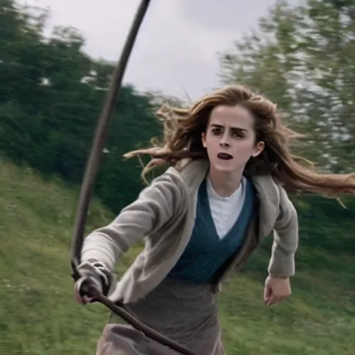 Prompt: Still of Emma Watson as Hermione Granger flying on a Nimbus2000. Prisoner of Azkaban. During golden hour. Extremely detailed. Beautiful. 4K. Award winning.