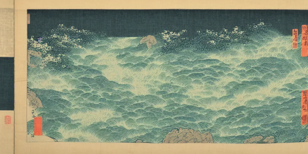 Prompt: A Korean woodblock print of mountains, two waterfalls and a roaring river