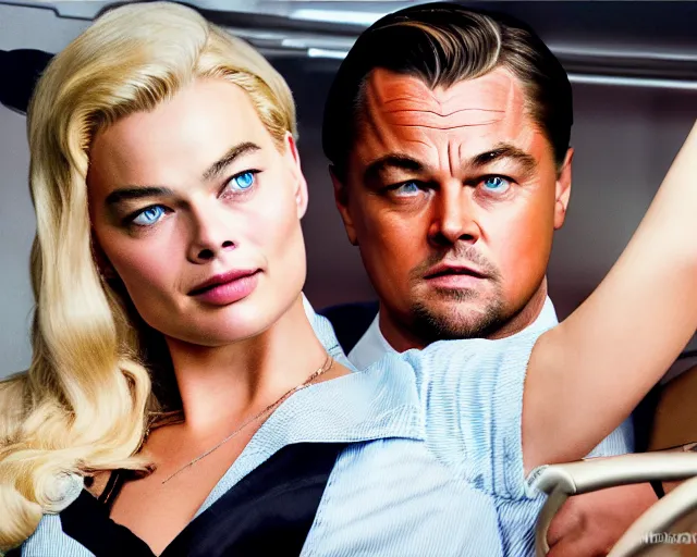 Image similar to leonardo dicaprio as the wolf of wall street next to margot robbie as naomi from the wolf of wall street in a helicopter, hyper realistic faces, beautiful eyes, cinematic, long shot, hyper detailed, 8 5 mm photograph, 8 k resolution, film still, sharp lens, wide lens