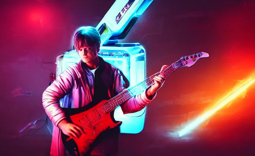 Image similar to found footage of Marty McFly playing a futuristic guitar, in liminal space, cyberpunk, film grain, dark lighting, realistic, photgraph, silent hill style, detailed cinematic lighting