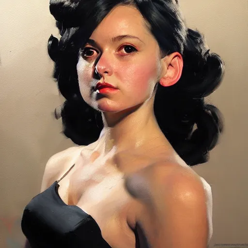 Image similar to greg manchess portrait painting of abigail shapiro in a black dress as overwatch character, medium shot, asymmetrical, profile picture, organic painting, sunny day, matte painting, bold shapes, hard edges, street art, trending on artstation, by huang guangjian and gil elvgren and sachin teng