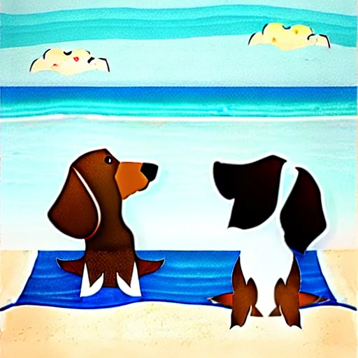 Prompt: two cute brown spaniel swimming by the seaside, parasols, bright towels, geometric, pop, sketch, artwork,lines