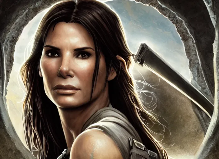 Prompt: face portrait of concentrated young Sandra Bullock as Lara Croft entering the large Minas Tirith gate, sun beams, intricate, elegant, highly detailed, centered, digital painting, artstation, concept art, smooth, sharp focus, illustration, Allan Lee, John Howe