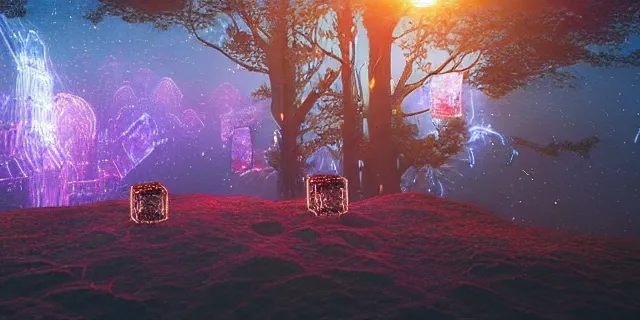 Image similar to a beautiful network of glowing cubes appears in the sky above a fantasy landscape, atmospheric lighting, intricate, volumetric lighting, beautiful, sharp focus, ultra detailed, in the art style of bowater charlie, brom gerald, astrophotography, rendered in cinema 4 d, quantum wavetracing, rendered in maya